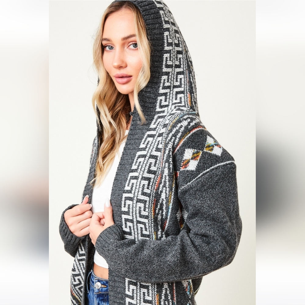 New! Cozy Charcoal Gray Aztec Boho Knit Cardigan Sweater - Picture 8 of 10